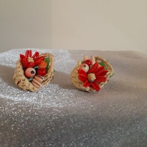 1/2 Price Marked Vintage Rattan Fruit and Flower Clip Earrings 1940's